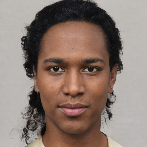 Neutral black young-adult male with short  black hair and brown eyes