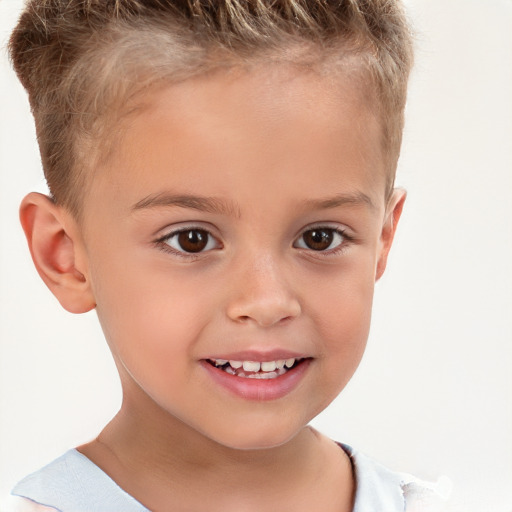 Joyful white child male with short  brown hair and brown eyes