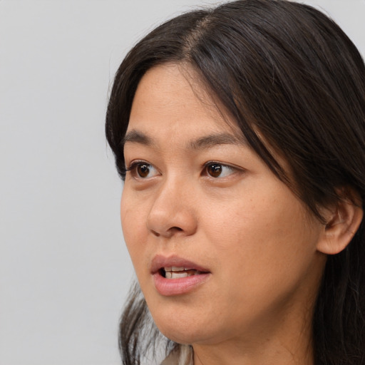 Joyful asian young-adult female with long  black hair and brown eyes