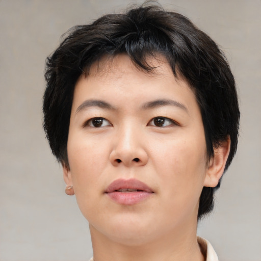Neutral asian young-adult female with medium  black hair and brown eyes