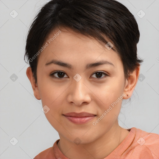 Joyful asian young-adult female with short  brown hair and brown eyes