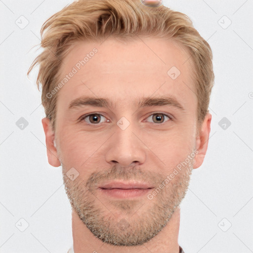 Joyful white adult male with short  brown hair and grey eyes