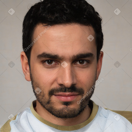 Neutral white young-adult male with short  black hair and brown eyes