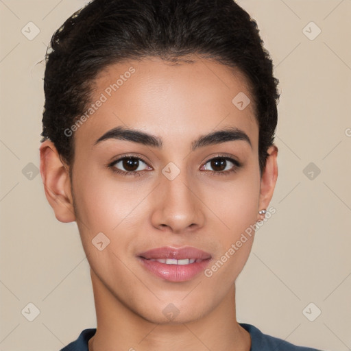 Joyful white young-adult female with short  brown hair and brown eyes