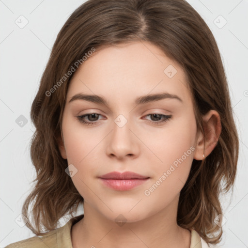 Neutral white young-adult female with medium  brown hair and brown eyes