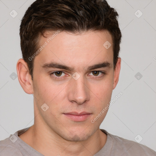 Neutral white young-adult male with short  brown hair and brown eyes