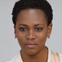 Neutral black young-adult female with short  black hair and brown eyes