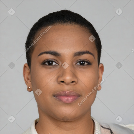 Joyful latino young-adult female with short  black hair and brown eyes