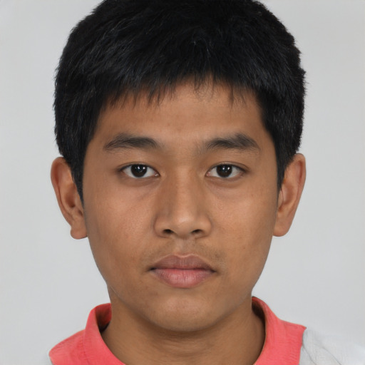 Neutral asian young-adult male with short  brown hair and brown eyes