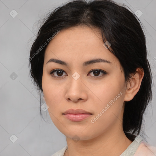 Neutral asian young-adult female with medium  brown hair and brown eyes