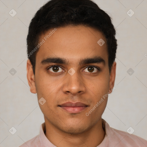 Neutral latino young-adult male with short  black hair and brown eyes