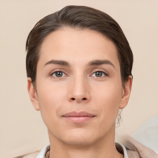 Neutral white young-adult male with short  brown hair and brown eyes