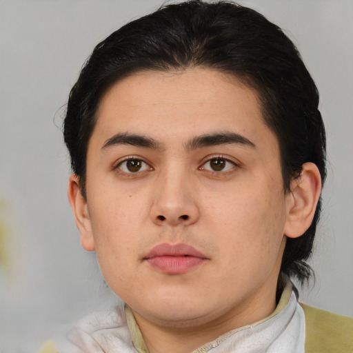 Neutral asian young-adult male with short  brown hair and brown eyes