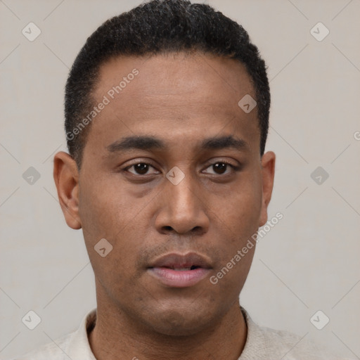 Neutral latino young-adult male with short  black hair and brown eyes