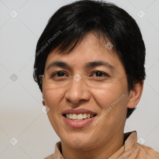 Joyful white adult female with short  brown hair and brown eyes