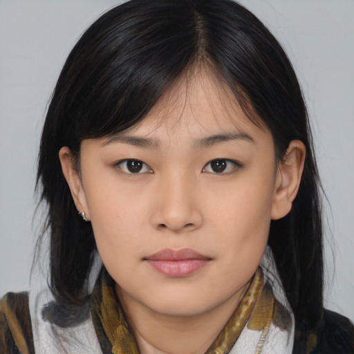 Neutral asian young-adult female with medium  brown hair and brown eyes