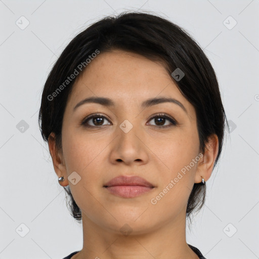 Neutral asian young-adult female with medium  brown hair and brown eyes