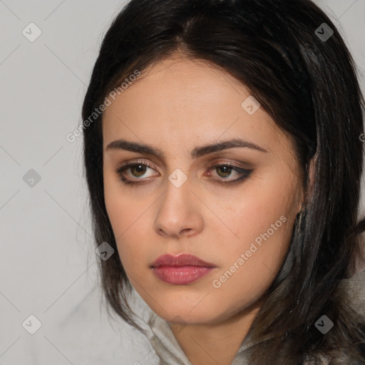 Neutral white young-adult female with medium  brown hair and brown eyes