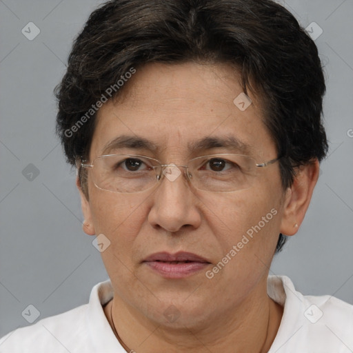 Joyful white adult female with short  brown hair and brown eyes