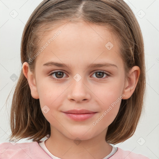 Joyful white child female with medium  brown hair and brown eyes