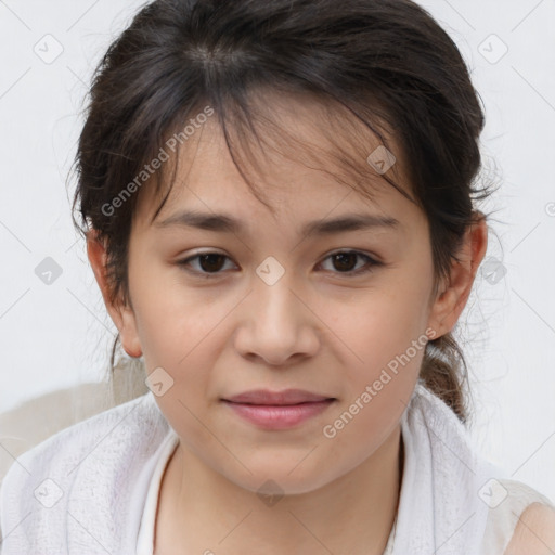 Joyful white child female with medium  brown hair and brown eyes