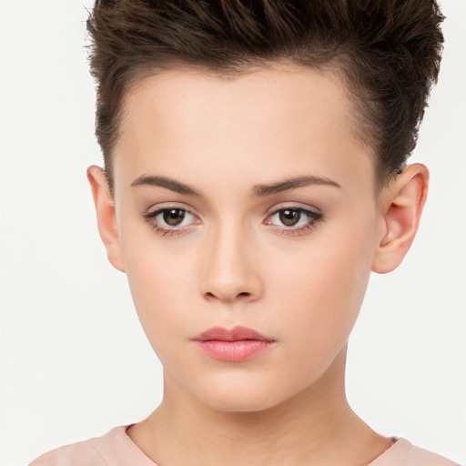 Neutral white young-adult female with short  brown hair and brown eyes