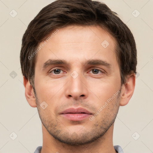 Neutral white young-adult male with short  brown hair and brown eyes