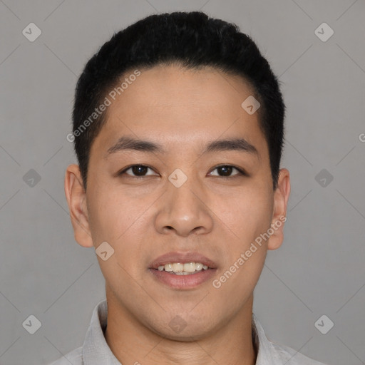 Joyful asian young-adult male with short  black hair and brown eyes