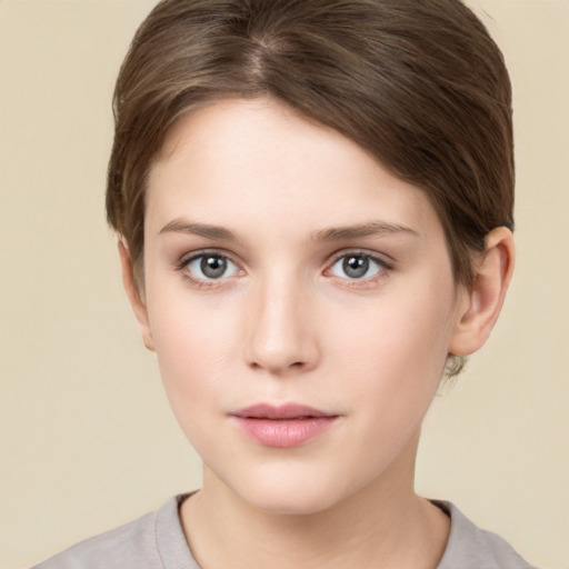 Neutral white young-adult female with short  brown hair and brown eyes