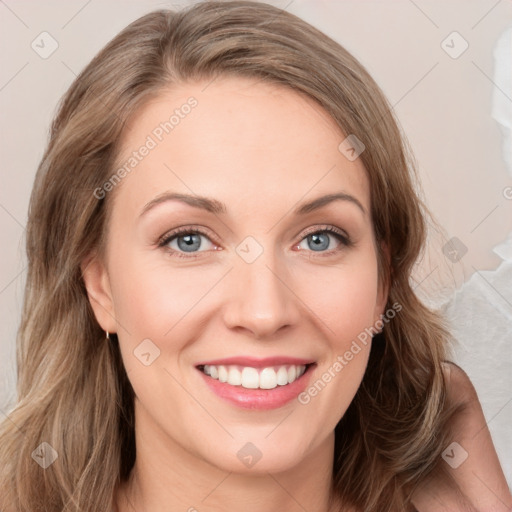 Joyful white young-adult female with medium  brown hair and green eyes