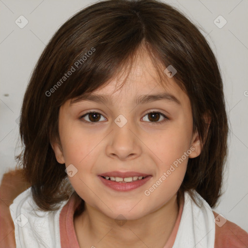 Joyful white child female with medium  brown hair and brown eyes