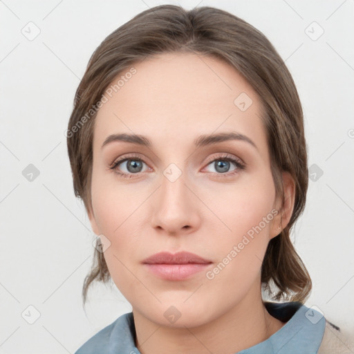 Neutral white young-adult female with medium  brown hair and grey eyes