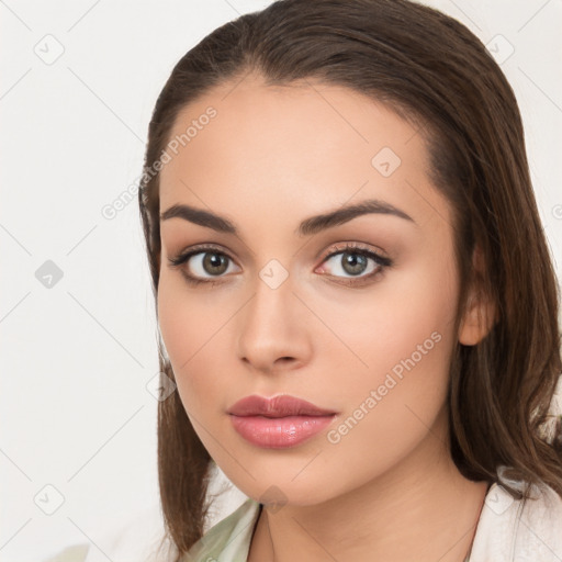 Neutral white young-adult female with medium  brown hair and brown eyes