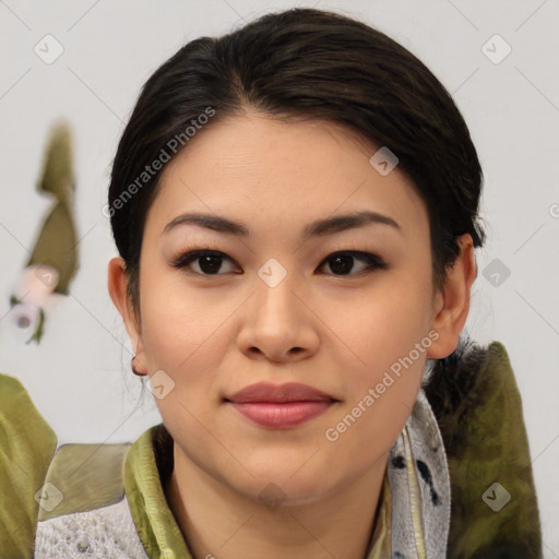 Joyful asian young-adult female with medium  brown hair and brown eyes