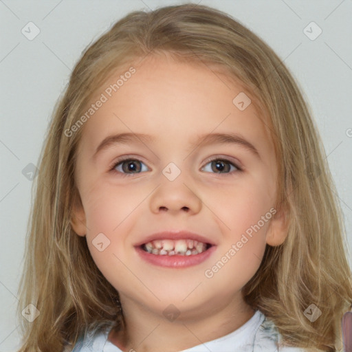 Joyful white child female with medium  brown hair and brown eyes