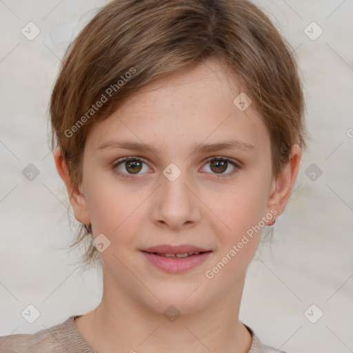 Joyful white child female with short  brown hair and brown eyes