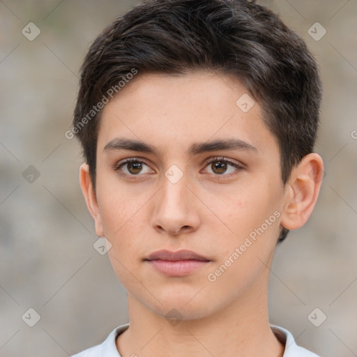 Neutral white young-adult female with short  brown hair and brown eyes