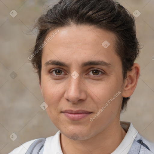 Joyful white young-adult female with short  brown hair and brown eyes