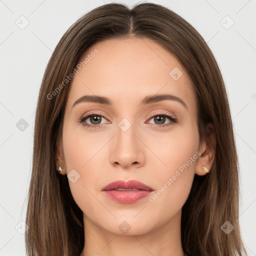 Neutral white young-adult female with long  brown hair and brown eyes