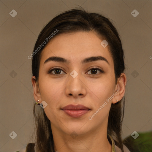 Joyful white young-adult female with long  brown hair and brown eyes