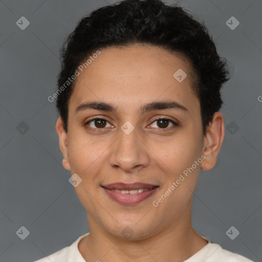 Joyful latino young-adult female with short  brown hair and brown eyes