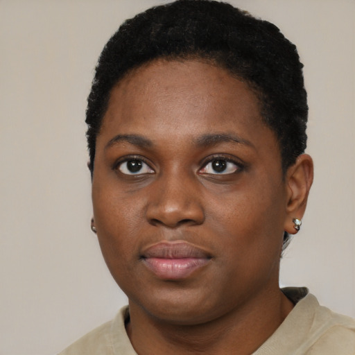 Neutral black young-adult female with short  black hair and brown eyes