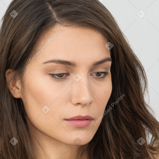 Neutral white young-adult female with long  brown hair and brown eyes