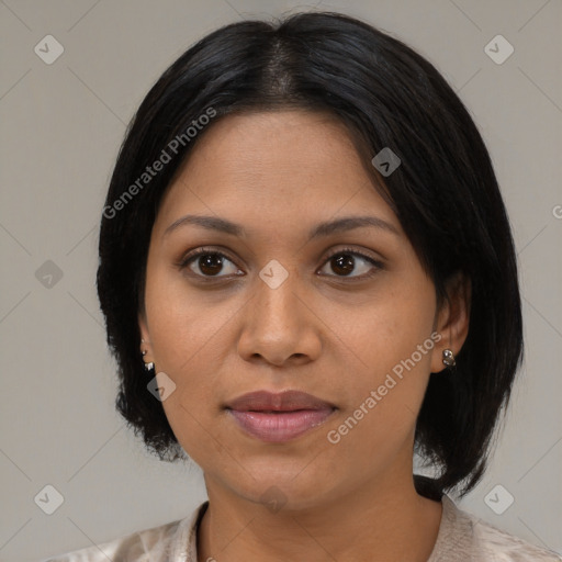 Joyful latino young-adult female with medium  black hair and brown eyes