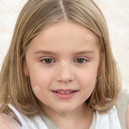 Joyful white child female with medium  brown hair and brown eyes