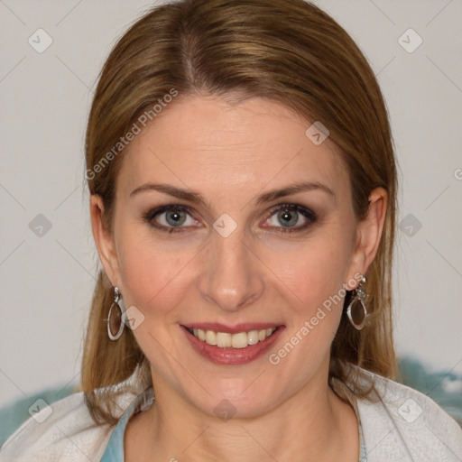 Joyful white young-adult female with medium  brown hair and blue eyes