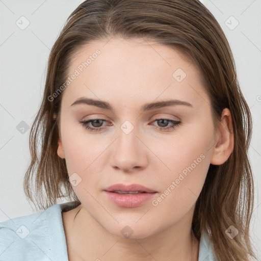 Neutral white young-adult female with medium  brown hair and grey eyes