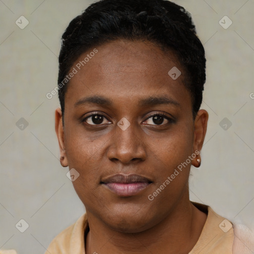 Neutral black young-adult female with short  black hair and brown eyes
