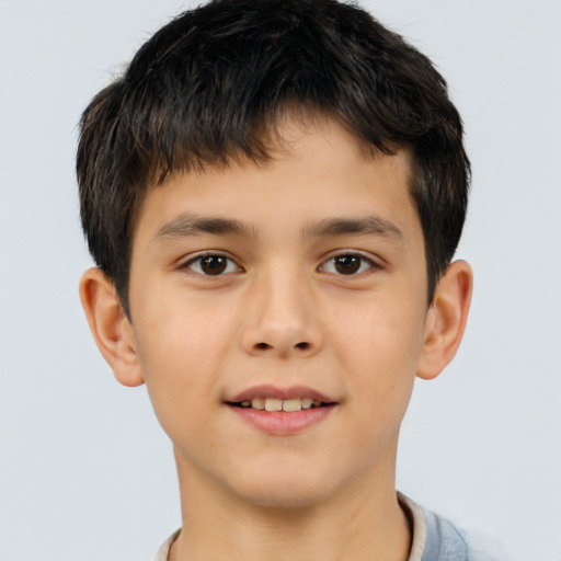 Joyful asian child male with short  brown hair and brown eyes