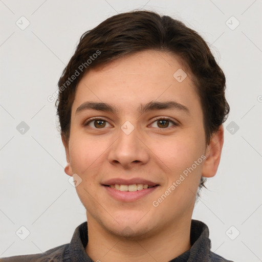 Joyful white young-adult female with short  brown hair and brown eyes